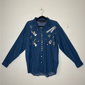 Artworks Vintage Guitar Music Denim Lightweight Button Up Shirt Size XL
